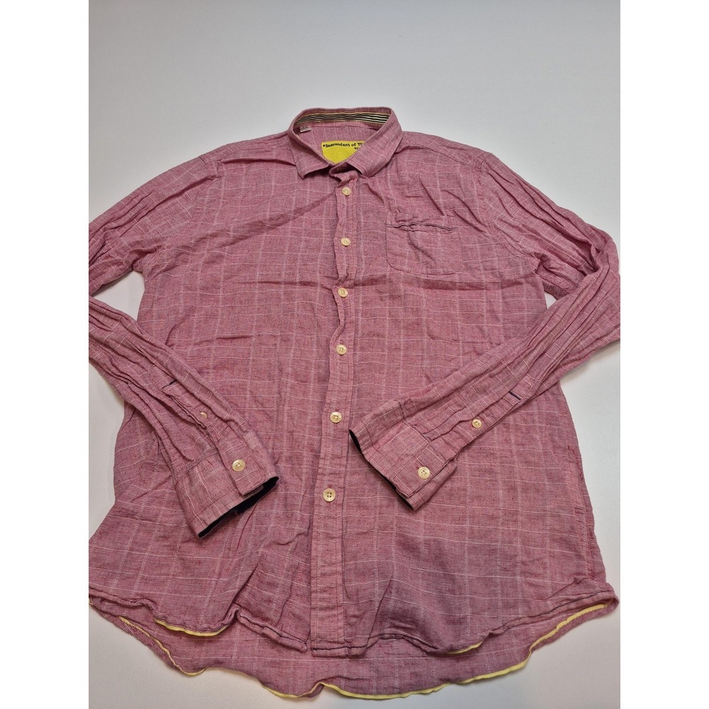 Descendant Of Thieves Shirt Mens M Pink Plaid Chambray Button Up Long Sleeve